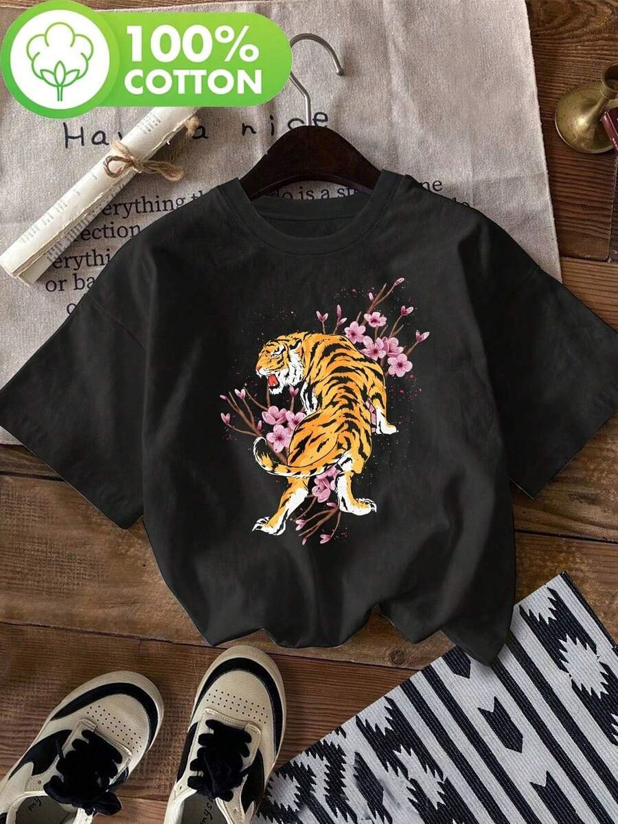 Camiseta con estampado de tigre y flores de cerezo, de manga corta y cuello redondo, casual para verano y primavera, ropa de mujer, camiseta gráfica casual de verano de mujer de manga corta