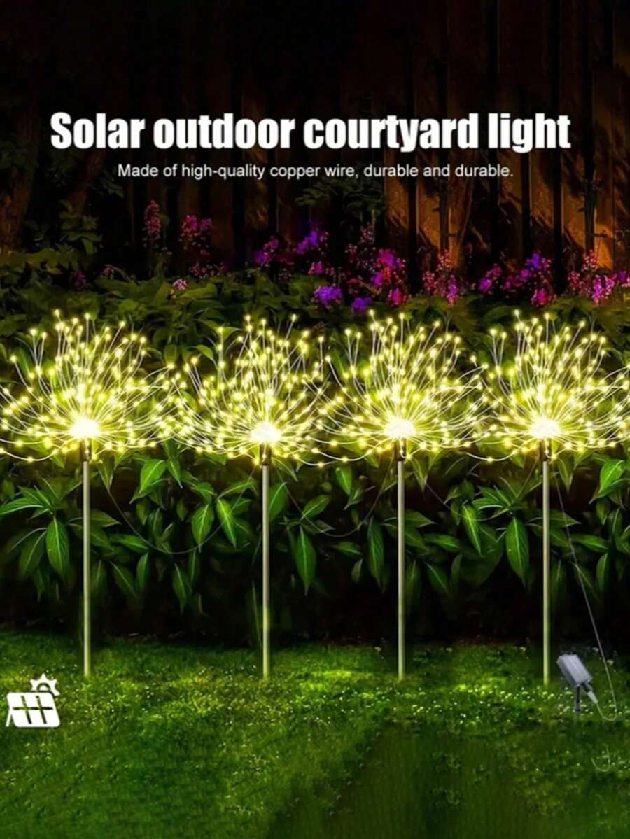 مجموعة 4 قطع من أضواء الحديقة الشمسية - تصميم الألعاب النارية والنجوم، 320 مصباح LED، 8 أوضاع، ديكور ممر خارجي باللون الأبيض الدافئ، مناسب للحدائق والممرات، مثالي لعيد الميلاد.
