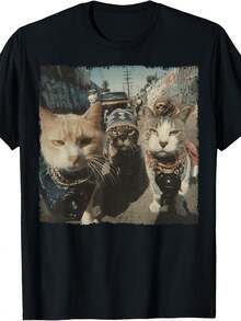 T-shirt drôle de gangster chat |   Col rond décontracté, tissu légèrement extensible, coupe régulière, motif imprimé, parfait pour les hommes, idéal pour toutes les saisons. - Noir - Voir 1