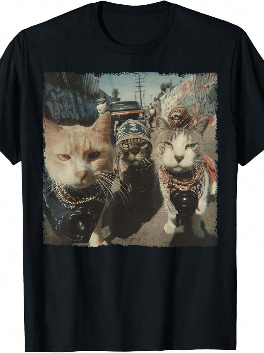T-shirt drôle de gangster chat | Col rond décontracté, tissu légèrement extensible, coupe régulière, motif imprimé, parfait pour les hommes, idéal pour toutes les saisons. - Noir - Voir 1