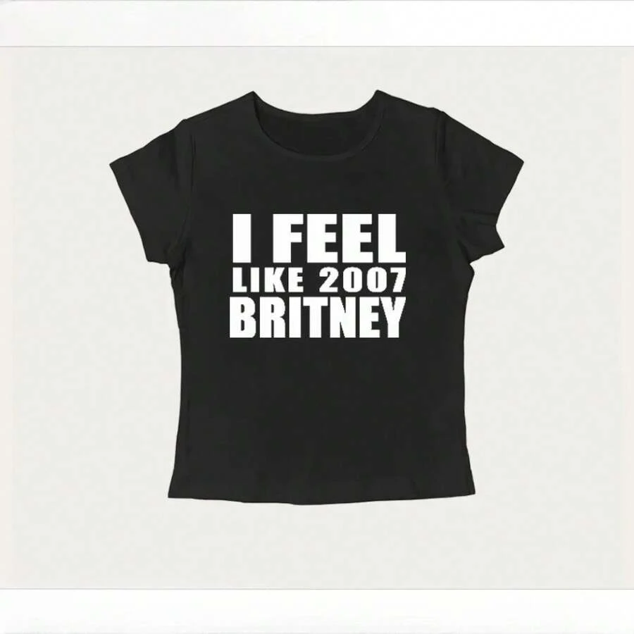 Top corto vintage estilo Y2K de los 2000 con estampado de letras, camiseta casual de manga corta, estilo sexy y atrevido, ropa ajustada de verano para mujer. - Negro - Ver 1