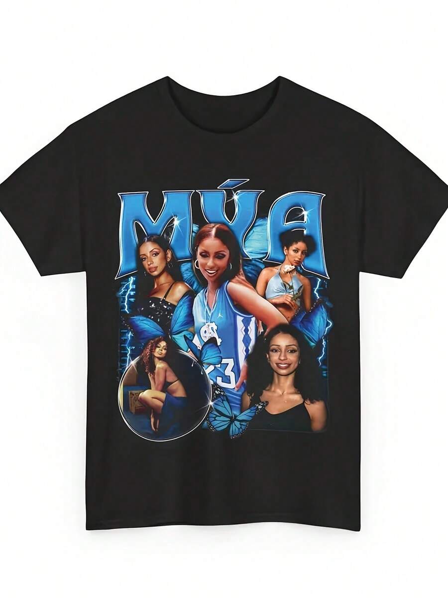 1 Piece Of Men's Retro T-Shirt With "Mya" Group Print, Vintage Casual Style For Music Fans And Streetwear, 180g, 100% Cotton. - 黑色 - 查看 1