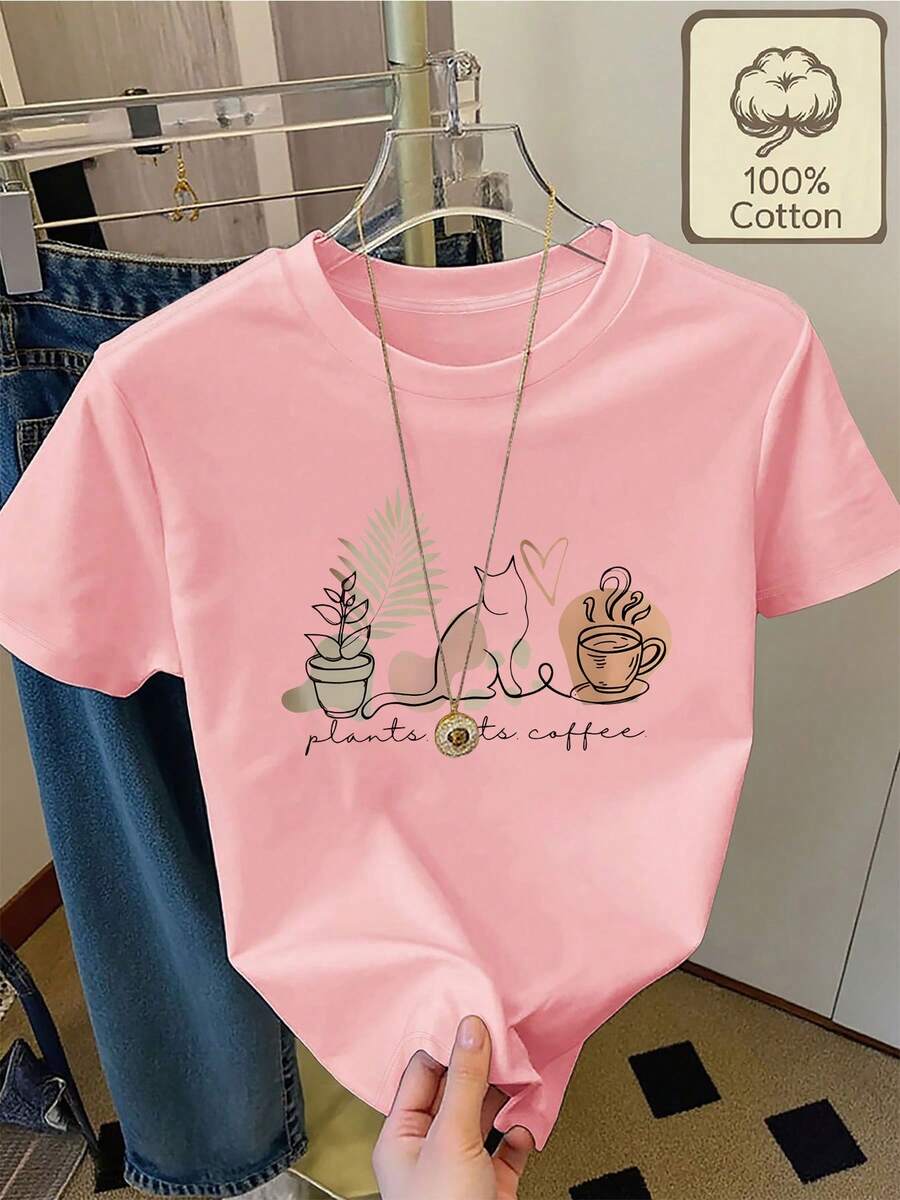Camiseta 100% pura con estampado de ilustraciones sencillas de plantas, gatos y tazas de café, cuello redondo, manga corta, cómoda y transpirable para uso diario en verano, ropa de verano pa - Rosa - Ver 1