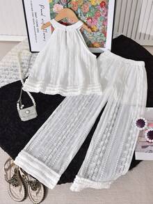 Vihyde 2pcs Girls Vacation Style Set: White Textured Halter Neck Sleeveless Top & Semi-Sheer Floral Trim Wide Leg Pants - White - View 3