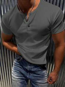 Men's Solid Color Button Half-Placket Casual Versatile T-Shirt - Grey - View 1