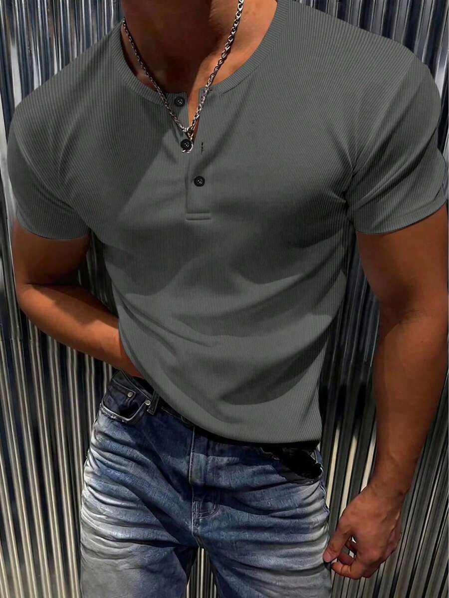 Men's Solid Color Button Half-Placket Casual Versatile T-Shirt - Grey - View 1