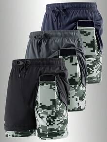 Shorts Esportivos 2 em 1 com Forro Camuflado para Homens, Shorts de Corrida e Fitness com Bolso para Celular e Cordão na Cintura, Shorts de Treinamento Atlético - Preto - View 2
