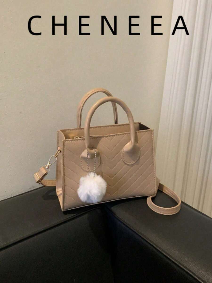 Bolso cruzado portátil simple y elegante con colgante de pompón - Caqui - Ver 1