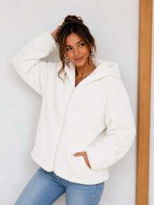 Women's Jacket With Zipper And Hood, Faux Fur Coat - White - View 4