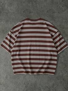 FRACTYR Men's Summer Boxy Short Street Style Retro Multicolor Striped Short T-Shirt, Light Blue Yellow Black Colorblock Loose Short Sleeve T-Shirt, Comfortable And Breathable Suitable For Outdoor Wear - Brown - View 5