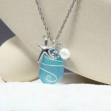 BMOR Handmade Wire Wrapped Blue Sea Glass Pendant Necklace, Bohemian Starfish & Faux Pearl Ocean Necklaces Women, Summer Hawaii Beach Vacation Jewelry Gift - Blue - View 5