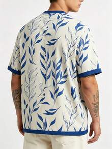 Off-White Blue Leaf Print Short Sleeve T-Shirt, Breathable Fabric Short Sleeve - Lightweight Summer Top - Multicolor - View 2