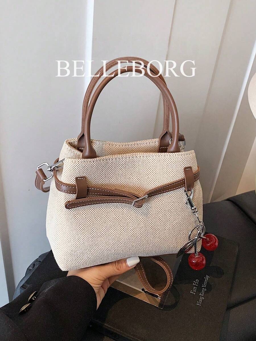 BELLEBORG 女款高級休閒拼色通勤復古帆布扣環百搭小方包手提包 - 咖啡 - 查看 1