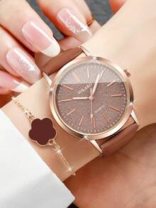 Women's Leather Strap Fashion Minimalist Dial Classic Elegant Quartz Watch + Heart Bracelet (2pcs/Set) Watch Box Not Included - Brown - View 2