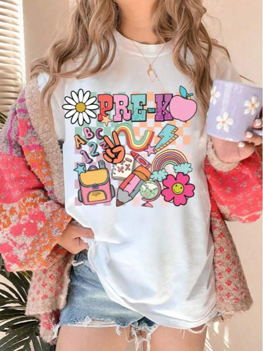 Preschool T-Shirts, Summer T-Shirts For Women, Graphic Print T-Shirts For Women, Casual Short Sleeve Crew Neck T-Shirt, 1 Fashion T-Shirt, 180g, 100% Cotton. - 白色007 - 查看 1