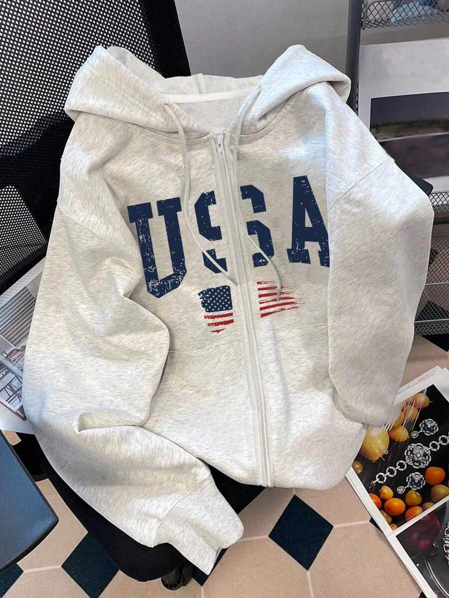 Sudadera con capucha y cremallera para mujer, con estampado de letras, chaqueta casual para maestras, vuelta al colegio, graduación, uso diario, ropa de invierno y elegante, sudadera c - Gris 4 - Ver 1