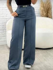 Women's Tailored Dress Pants With Belt, Luxury Wide-Leg Pants - Gray - View 5