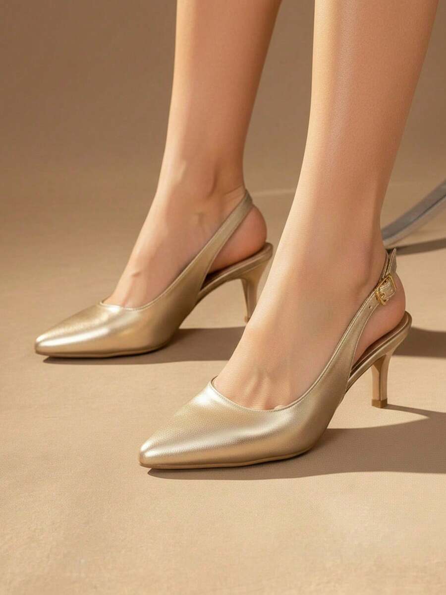 Women's Modern Glitter Pointed Toe Back Strap Mid Heel Elegant Shoes - Black - View 1