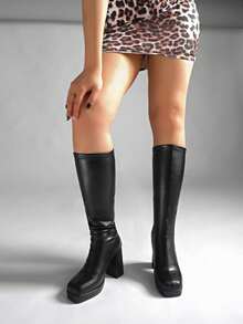 2026 Autumn/Winter Women's Slimming Knee-High High-Heel Tall Riding Boots, Chunky Heel Elastic Skinny Boots For Petite Women - Black - View 6