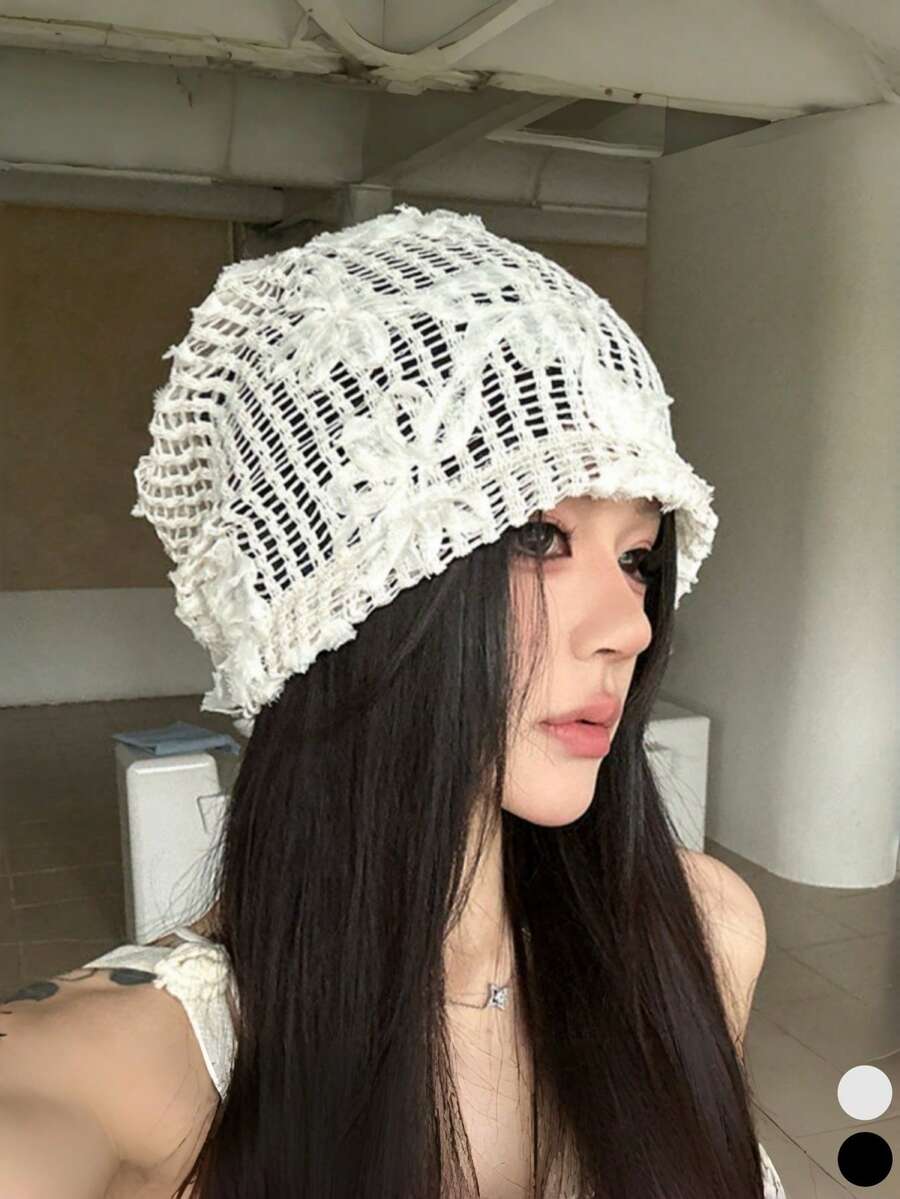 French Style 3D Floral Hollow Out Bucket Hat, Summer Breathable Thin Mesh Knit Slouchy Beanie, Face-Slimming Fisherman Cold Weather Hat