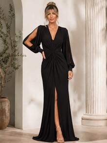 Bridesmaid Dress For Party Guests Reception Graduation Without Shine, Long Sleeves, Openwork In Fluity With Slit - Black - View 1