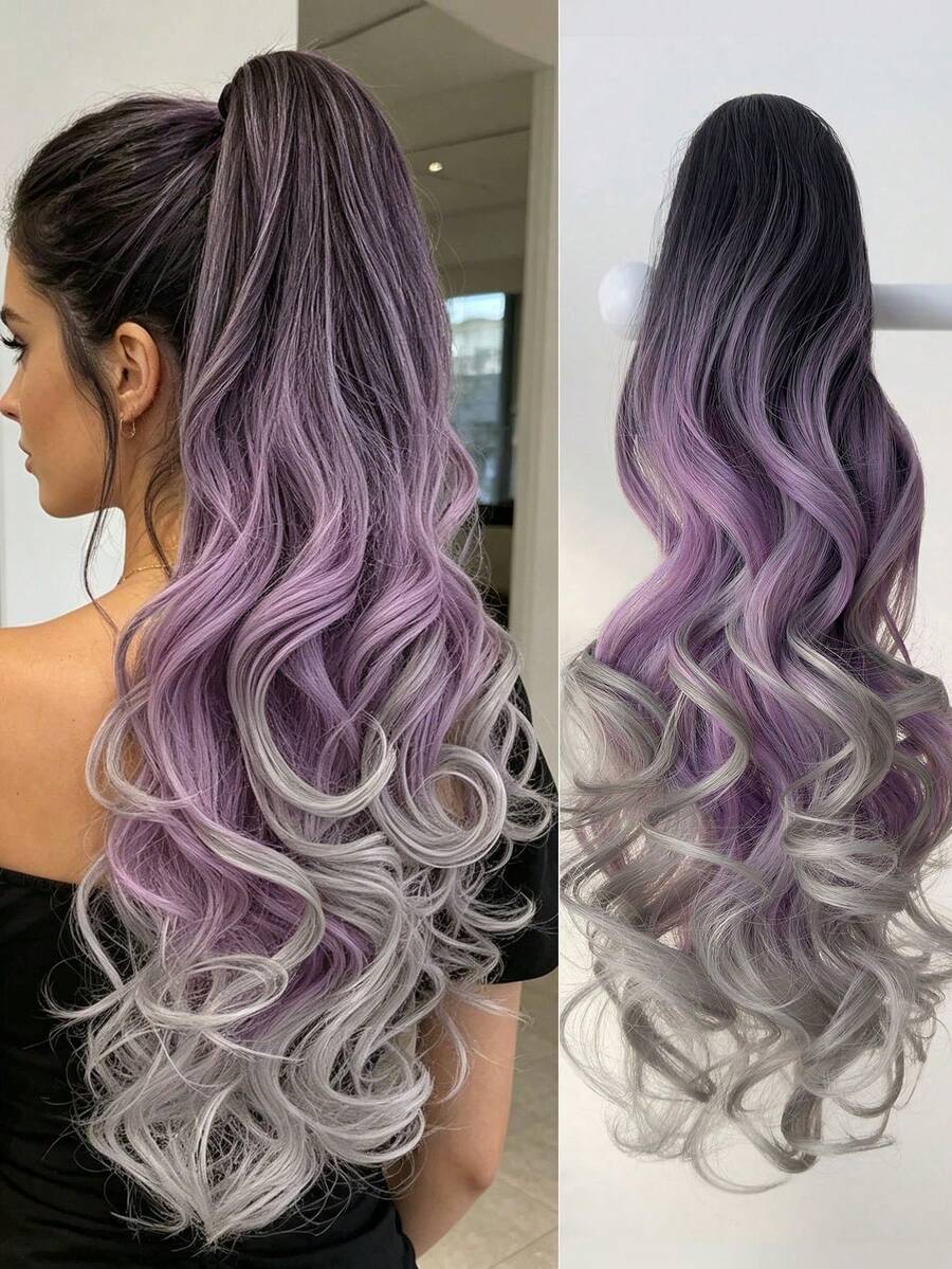 multicolor 3 color cosplay con clip Extensión de coleta también disponible en onda estilo con sintético material púrpura Pelo postizo para mujeres