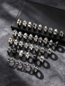 3/6/9/12 piezas Anillos de acero inoxidable estilo punk vintage para hombres, diseño grabado desgastado de cruz estrella luna tablero de ajedrez, juego de anillos hip hop diario para hombres, estilo aleatorio, tamaño aleatorio - Multicolor - Ver 1