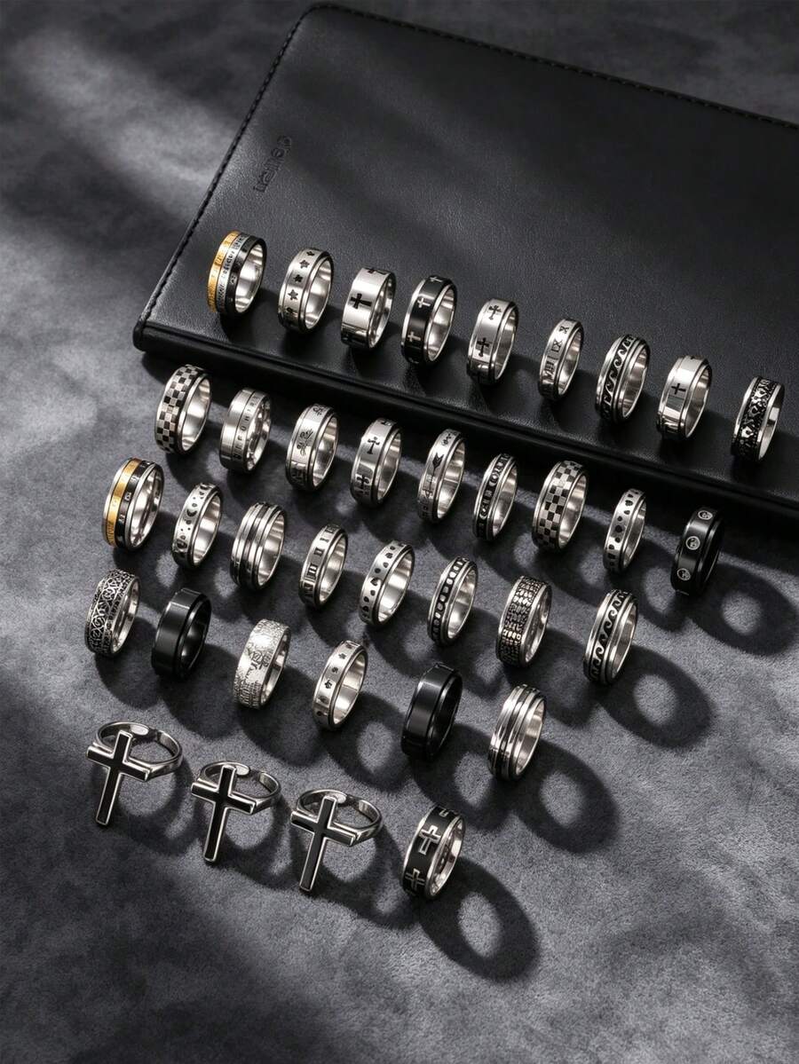 3/6/9/12 piezas Anillos de acero inoxidable estilo punk vintage para hombres, diseño grabado desgastado de cruz estrella luna tablero de ajedrez, juego de anillos hip hop diario para hombres, estilo aleatorio, tamaño aleatorio - Multicolor - Ver 1