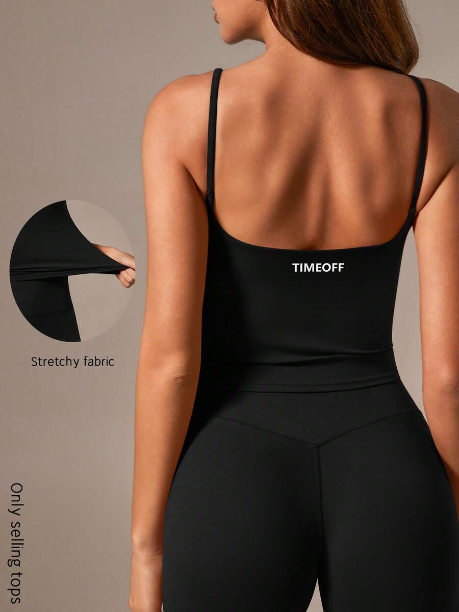 TimeOff 1pc Women Solid Color Spaghetti Strap Backless Camisole With Chest Pads Sports - Black - View 1