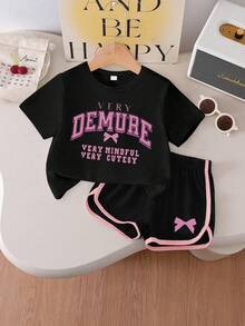 2pcs/Set Big Girls Outfit, Slogan Print T-Shirt + Shorts, Cute Soft Comfortable Casual Summer Wear - Black - View 1