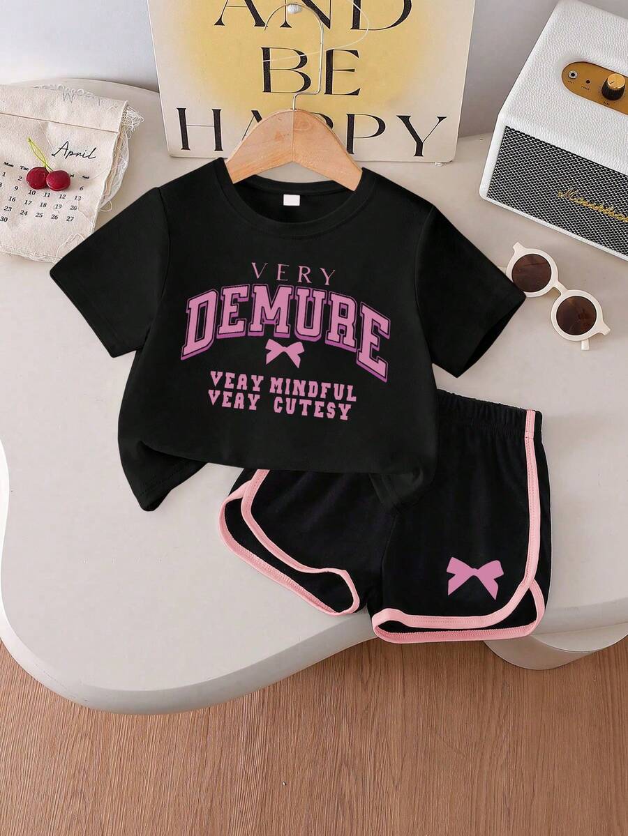 2pcs/Set Big Girls Outfit, Slogan Print T-Shirt + Shorts, Cute Soft Comfortable Casual Summer Wear - Black - View 1