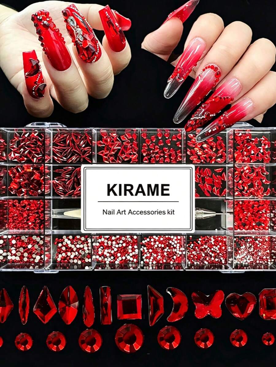 KIRAME 21格 DIY 美甲 K9 玻璃紅色平底水鑽套組－每格 30 顆高光水鑽，含 1 支水鑽筆，美甲寶石，適用美甲沙龍、居家美甲、美甲用品，聖誕、夏季與旅行美甲，節日禮物美甲飾品