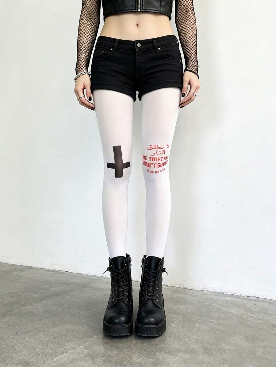 1 Pair Women's Cross & Letter Print Pantyhose, Perfect For Punk & Gothic Style - Multicolor - View 1