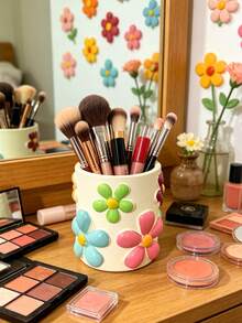 Cute 3D Flower Resin Makeup Organizer Cup, Decorative Countertop Caddy For Makeup Tools, Ideal For Bathroom Sink, Dressing Table & Influencer Vlog Makeup Setup Home Ornament - B - View 5