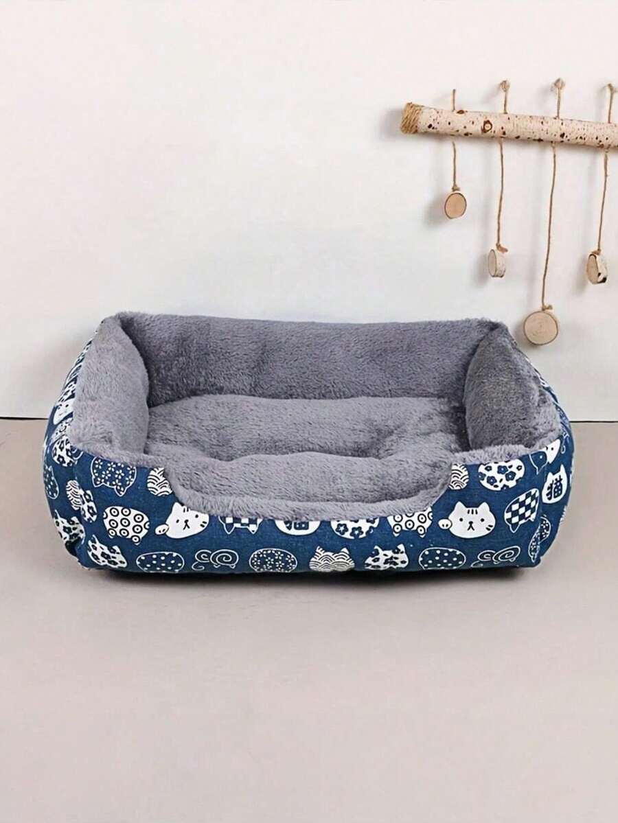 1pc Soft Pet Bed For Cats And Small Dogs - Plush Polyester Fiber Filled, Blue Paw Print Pattern, Durable Indoor Sofa Cushion, Easy To Clean, Comfortable And Cozy, Suitable For Indoor Pets, Cat Nest, Fun Pet Design, Easy-To-Clean Material - Multicolor - View 1