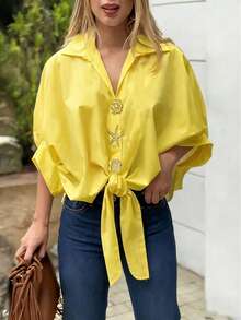 Casual Solid Color Woven Fabric Twist Button Shirt, Suitable For Summer Daily Wear - Yellow - View 1