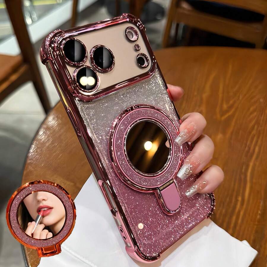 Casing Ponsel Transparan Mewah Berkilau dengan Stand, Kompatibel dengan iPhone 17 Pro Max, 17 Pro, 17, 16 Pro Max, 16 Pro, 16, 16, 15 Pro Max, 15 Pro Max, 15 Pro, 15 Pro Max, 14 Pro, 13 Pro Max, 12 Pro Max, 11, Pelindung Kamera Modis dengan Penutup Belakang Transparan Berlapis Elektroplating. Dilengkapi dengan Cermin Rias dan Set Casing Ponsel Lipat dengan Stand. - Berwarna merah muda - View 1