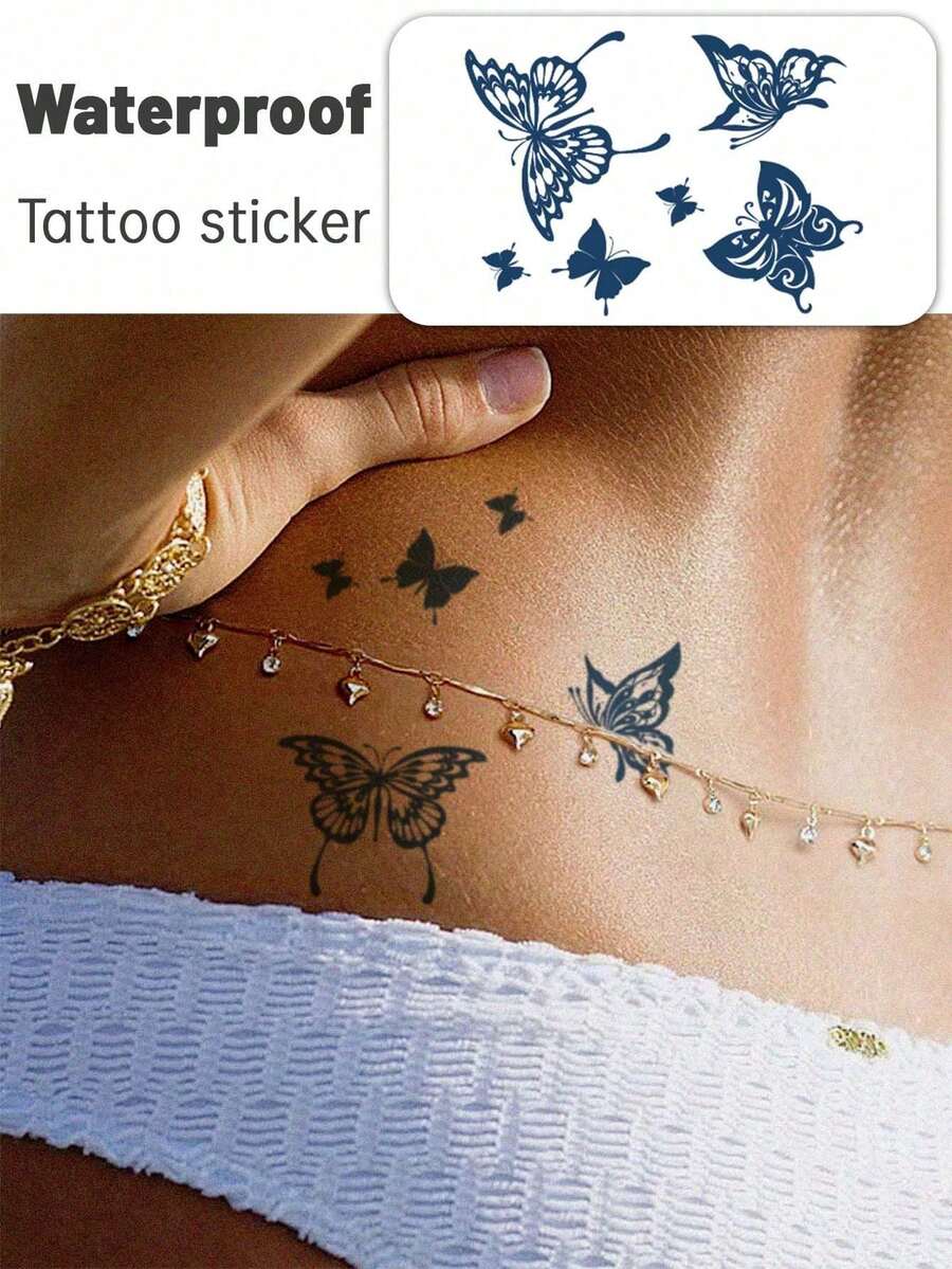 1pc Minimalist Butterfly Pattern Temporary Tattoo Sticker, Herbal Waterproof Realistic Tattoo Sticker Lasts 7-15 Days, Suitable For Daily Body Decoration - Blue - View 1