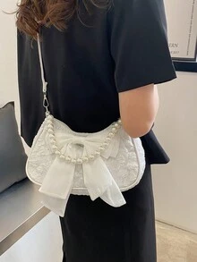 Bolso de mano con cadena de perlas de moda, bolso de hombro - Beis - Ver 3