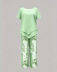 Women's Summer Casual 2 Piece Set, Short Sleeve Asymmetrical Flowy Top & Leaf Print Capri Pants, Vacation Loungewear - màu xanh lá - Xem 4