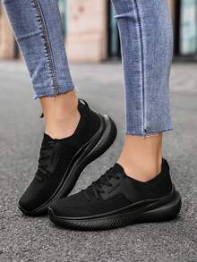 Men Breathable Knit Craft Solid Black Plain Round Toe Low Top Lace Up Soft Platform Running Sneakers - Black - View 6