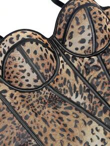 Sexy Leopard Print Patchwork Bra With Straps, High Quality Sheer Lace Mesh Corset With Boning. - 花色 - 查看 3