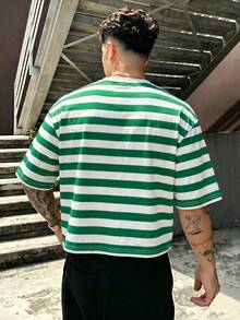 FRACTYR 男士夏季寬版短版街頭風字母條紋印花圖案，美式高街寬鬆印花圓領休閒T恤，舒適透氣適合戶外穿著 - 綠色 - 查看 4