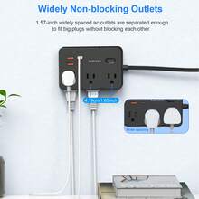 Regleta con protector de sobretensión de 5 pies y enchufe plano, 6 tomas de corriente espaciadas + 4 puertos USB, extensor de toma de corriente montable en la pared, esencial para hogar, oficina y dormitorio - Negro - Ver 7