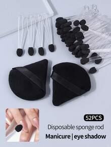 Juego de 52 piezas de aplicadores de esponja reutilizables para sombra de ojos & borlas de terciopelo triangulares para polvo, multiusos para maquillaje de ojos, fijación facial y cosméticos diarios - Negro - Ver 4