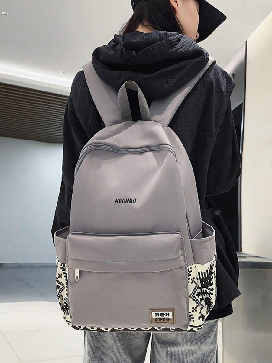 Black Spliced Student Backpack, Water Resistant Nylon Multi-Pocket Rucksack For School & Daily Casual Use,Y2k - Multicolor - View 1