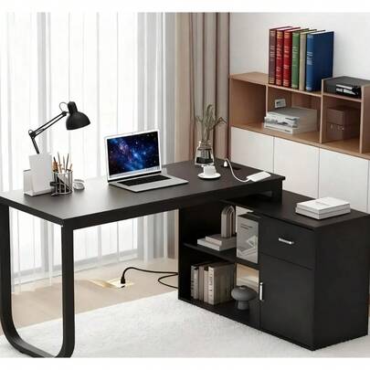L-Shaped Table With Storage Cabinet 120cm Black