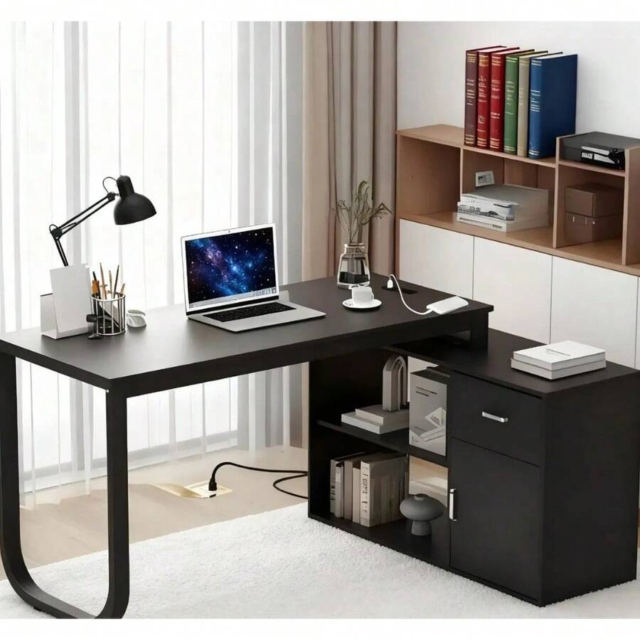 L-Shaped Table With Storage Cabinet 120cm Black - Black - View 1