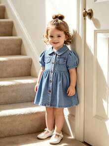 Vestido Denim com Manga Bufante e Botões para Meninas Bebê, Conjunto Casual/Diário/Festa para Meninas Bebê, Adequado como Presente - Lavagem clara - Visão 8