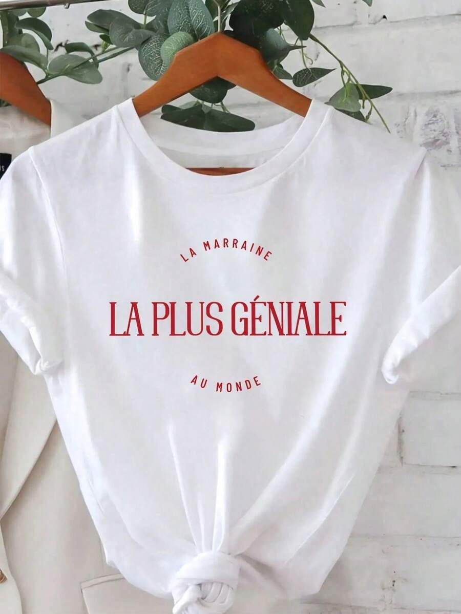 French Women's T-Shirt "The World's Kind Plus Size" - Casual White Crew Neck T-Shirt With Red Text, Short Sleeve T-Shirt, Lightweight Everyday T-Shirt For Women - A - 白色 - 查看 1